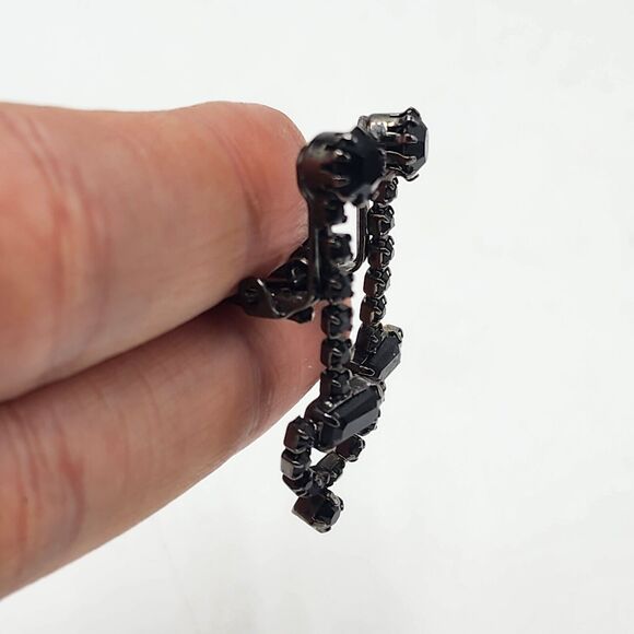 Vintage Horsebit Black Crystal Rhinestone Doorknocker Dangle Clip Earrings - Picture 3 of 9
